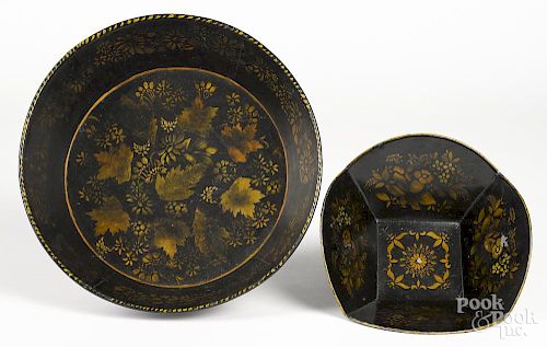 Two toleware bowls with stenciled floral decoration