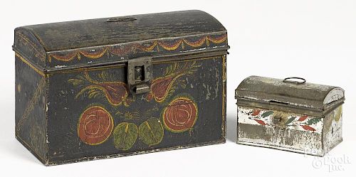 Two toleware dome lid boxes, 19th c., 5 1/2'' h., 8 1/2'' w. and 2 5/8'' h., 4 1/4'' w.