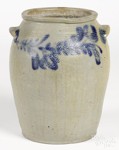 Three-gallon stoneware crock, 19th c., with cobalt floral decoration, 12 3/4'' h.