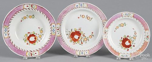 Queens Rose pearlware soup bowl, 8'' dia., together with two plates, 9 1/2'' dia. and 9 3/4'' dia.