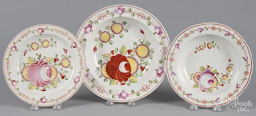 Two Queens Rose pearlware soup bowls, 8 1/4'' dia., together with a plate, 10'' dia.