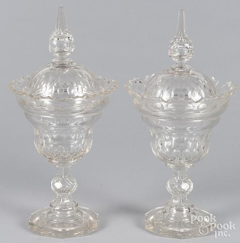 Pair of cut glass covered urns, 19th c., 13 1/2'' h.