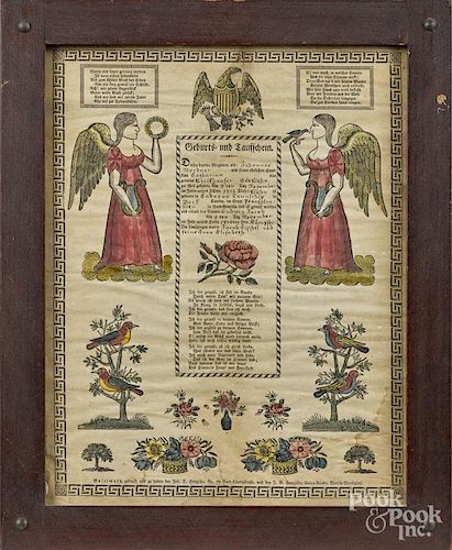 Baltimore printed and hand colored fraktur, dated 1834, by Hanzsche, 14 1/2'' x 11 1/4''.