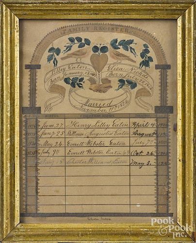 Massachusetts ink and watercolor family register for Lilley Eaton and Eliza Nichols, married 1824