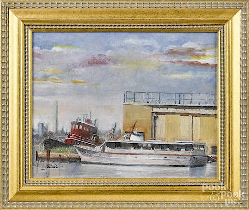 Modern oil on canvas harbor scene, 11'' x 14''.