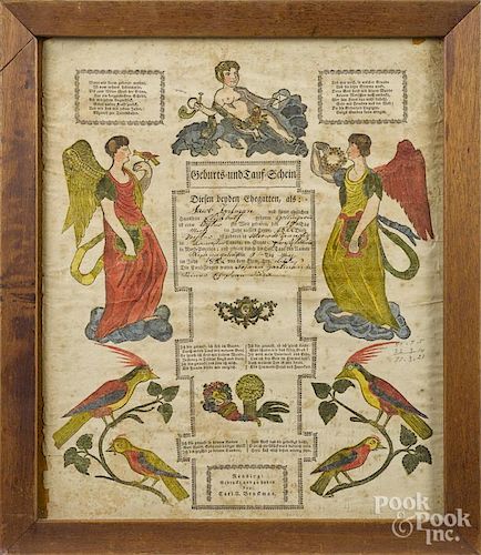 Two Reading, Pennsylvania printed and hand colored fraktur, 19th c., 15 1/2'' x 13''.