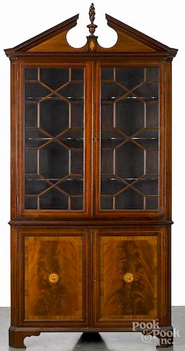 Federal style inlaid mahogany two-part corner cupboard, 86'' h., 40'' w.