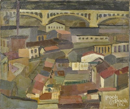William Bill Gray (American 1913-1989), oil on canvas of rooftops, mid 20th c., signed Gray