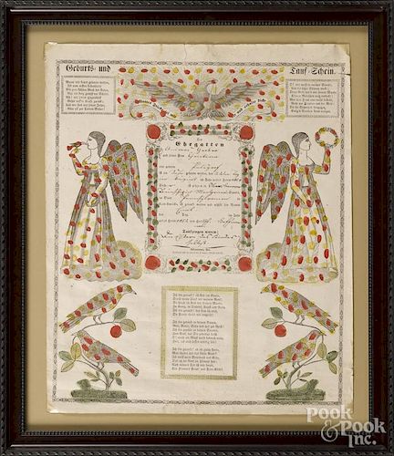 Two Allentown printed and hand colored fraktur, 19th c., 17'' x 14'' and 16 1/4'' x 13 1/2''.