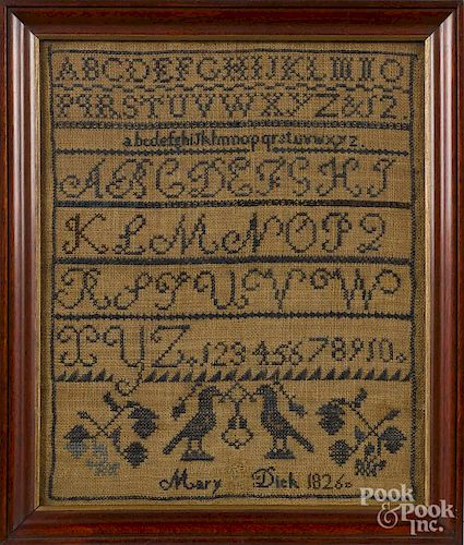 Silk on linen sampler, dated 1826, wrought by Mary Dick, 11 3/4'' x 9 3/4''.