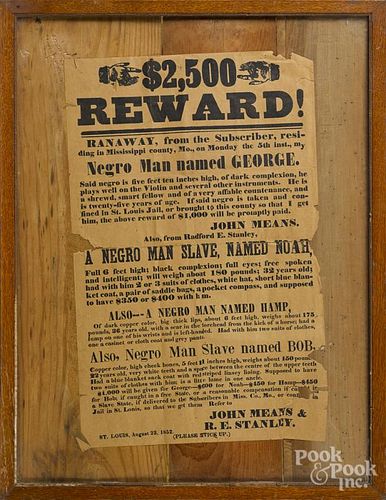 Printed broadside reward for runaway slaves, 18'' x 11 1/2''.