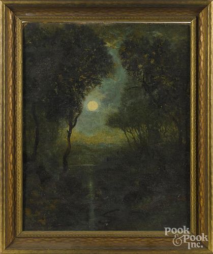 American oil on canvas moonlit landscape, early 20th c., 20'' x 16''.