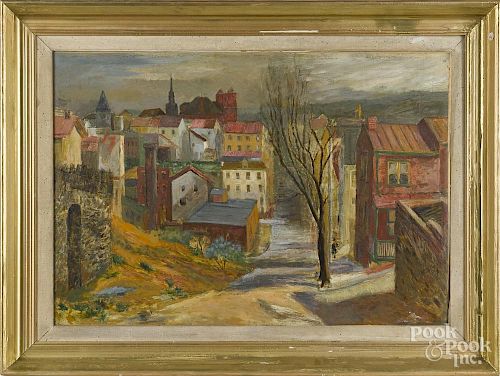 Doris Kunzie (American 1910-2000), oil on canvas view of Manayunk, signed lower right, 25'' x 36''.