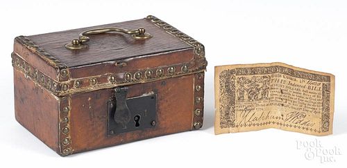 Tacked leather dresser box, 19th c., 3 1/2'' h., 6'' w.
