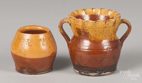 Henry Schofield, redware vase, 3 1/2'' h., together with a two-handled crock, 4 3/4'' h.