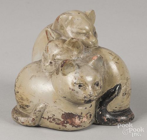 Painted composition doorstop of three cats, 5 1/2'' h.