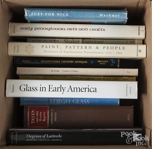 Reference books on glass, folk art, antiques, etc.