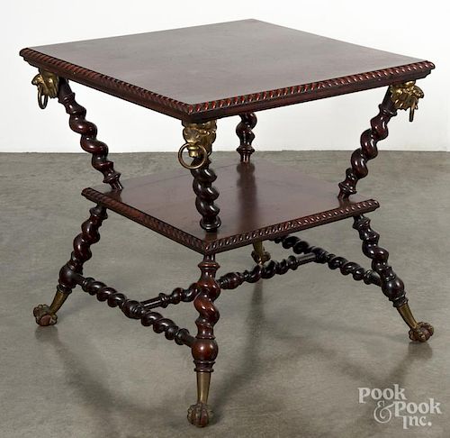 Victorian mahogany center table with barley twist splay legs and brass lion mask capitols, 29'' h.