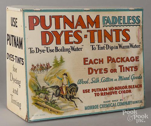 Putnam Fadeless Dyes-Tints countertop display, retaining original dye packets, 14 1/2'' h.