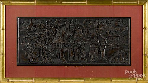 Chinese carved wood panel, early 20th c., 13 1/2'' x 32''.