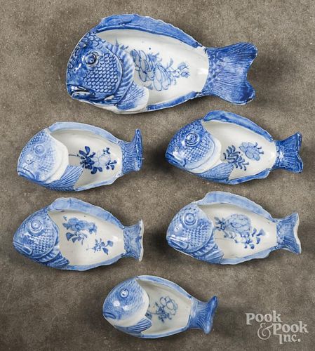 Six Chinese blue and white porcelain fish dishes.