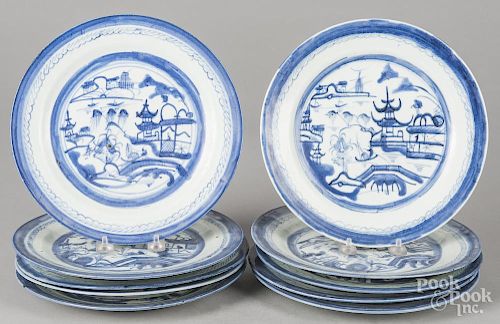 Nine Chinese export porcelain Canton dinner plates, 19th c., 10 1/4'' dia.