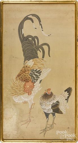 Oriental watercolor of two chickens, 42 1/2'' x 22 1/4''.