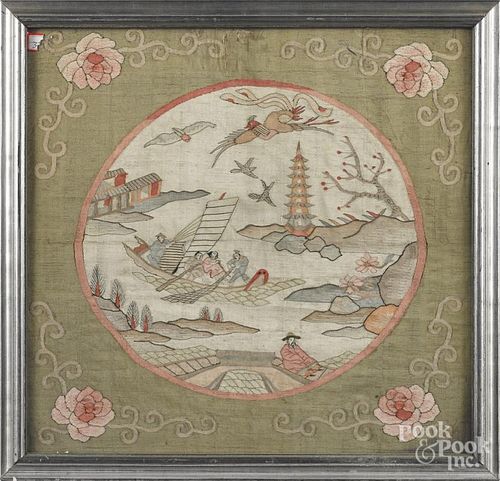 Oriental embroidered picture, early 20th c., 19 1/4'' x 20 1/4''.