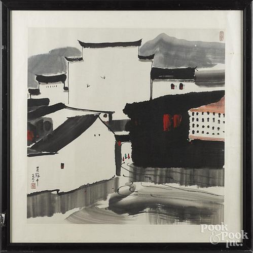 Oriental watercolor town scene, 26 1/2'' x 27''.