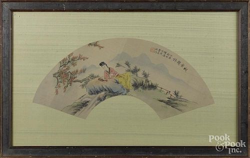 Oriental watercolor figure in a landscape, 10 1/2'' x 24''.