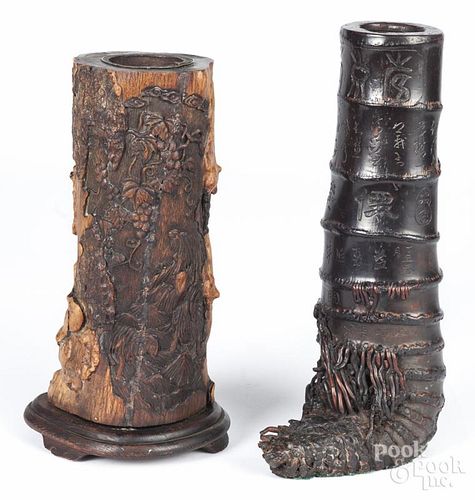 Two Chinese carved wood brush pots, 10 1/2'' h. and 12 3/4'' h.