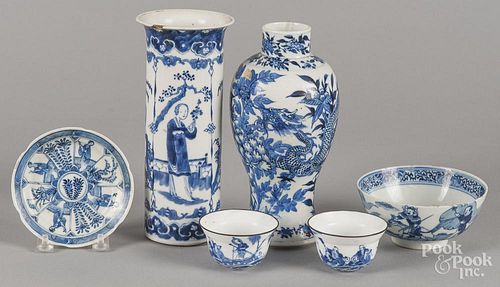 Six pieces of Chinese Qing dynasty blue and white porcelain, tallest - 8 1/4''.