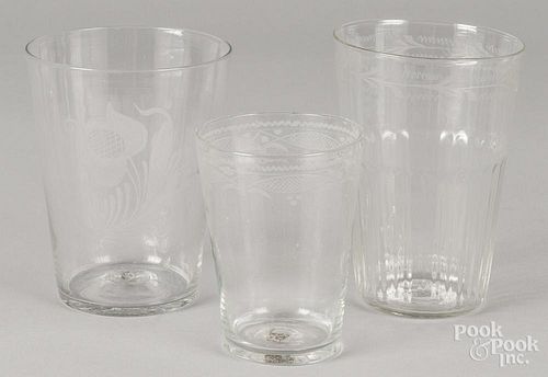 Three etched glass flips, 19th c., 4 3/4'' h. and two - 6'' h.
