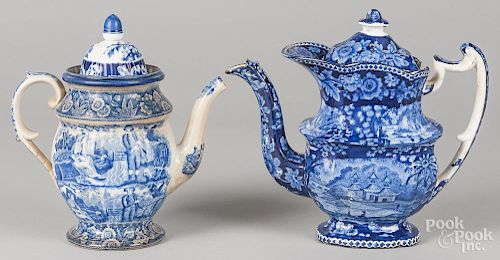 Two blue Staffordshire coffee pots, 9 3/4'' h. and 10'' h.