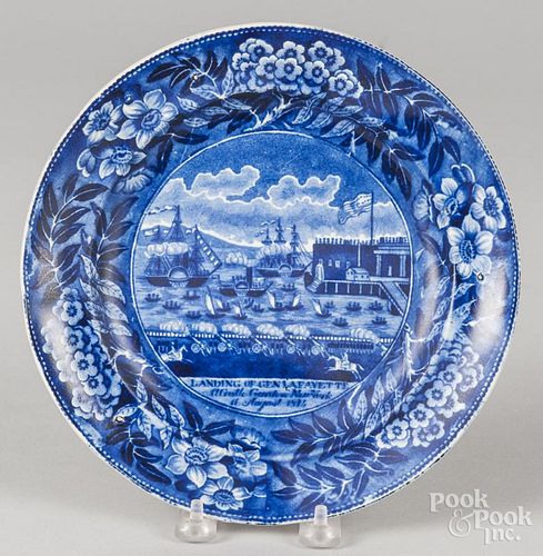 Historical blue Staffordshire Landing of Lafayette plate, 9'' dia.