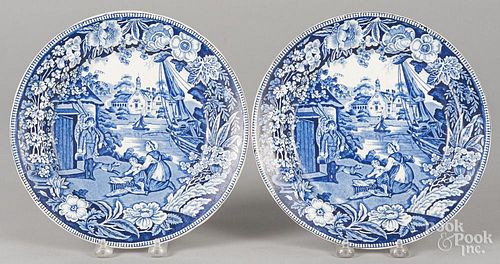 Pair of blue Staffordshire plates, 19th c., depicting a fisherman and his family, 10'' dia.
