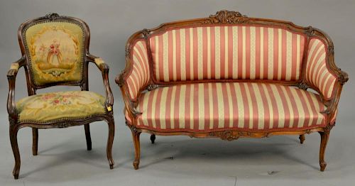 French armchair with needlepoint upholstery along with a Victorian upholstered loveseat, lg 52".