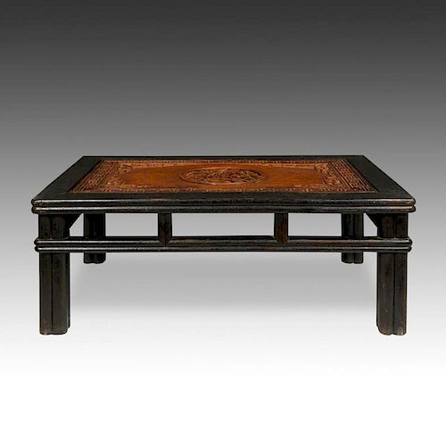 19th C. Chinese Relief Carved Top Low Table