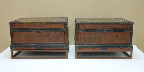 Pair of Chinese Lacquered Boxes on Metal Stands.