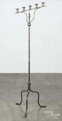 Wrought iron floor standing candelabra, 20th c., 58'' h.