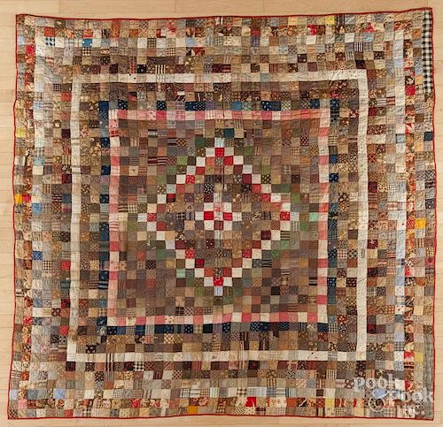 Pieced postage stamp diamond in square quilt, late 19th c., 86'' x 82''.