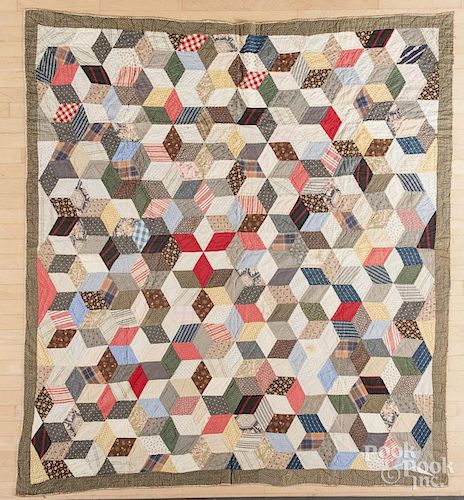 Pieced tumbling block quilt, late 19th c., 71'' x 80''.
