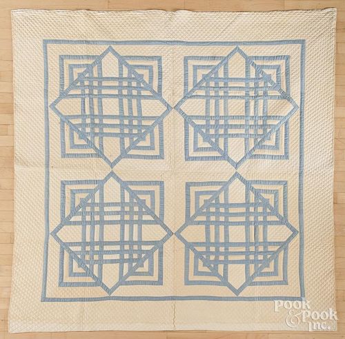 Blue and white diamond quilt, ca. 1900, 75'' x 76''.