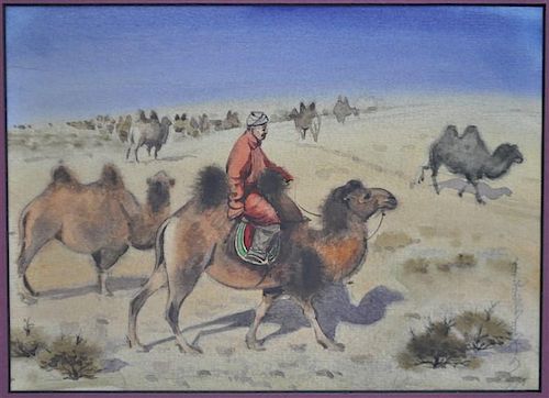 MONGOLIAN WATERCOLOR CAMEL HERDER - LOBSAN ZUNDAI