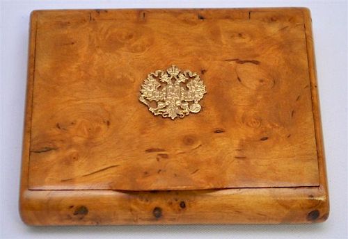 VINTAGE BURL WOOD BOX W/ RUSSIAN IMPERIAL DOUBLE EAGLE CREST