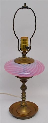 EARLY FENTON CRANBERRY OPALESCENT BRASS LAMP