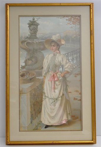 LARGE FRAMED VICTORIAN LITHO - GIRL W FOUNTAIN