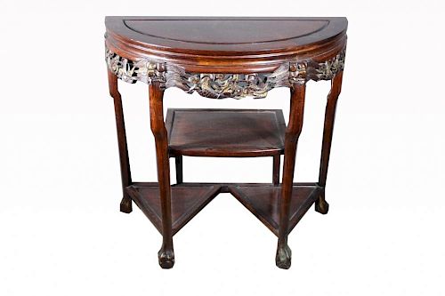 Antique Chinese Hong Mu Rosewood Demi Lune Table