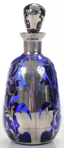 Cobalt-Blue Cologne Bottle and Stopper with Painted Silver Decoration