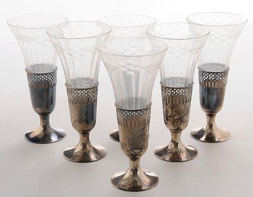 Set of Six Cased Etched Crystal Sterling Champagne Flutes